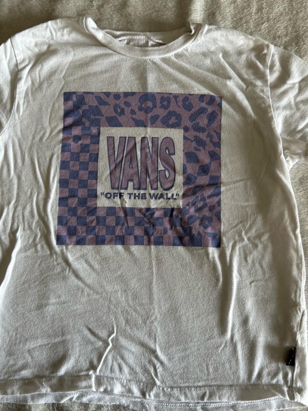 Vans White Tee with Purple Leopard-Style Graphic